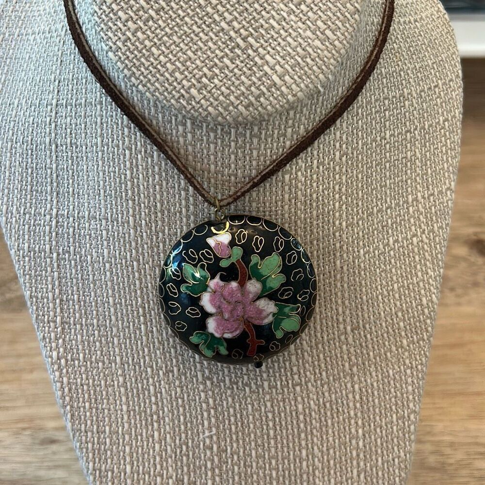 Cousin Claudine cloisonné black pink pendant, flower necklace with suede cord